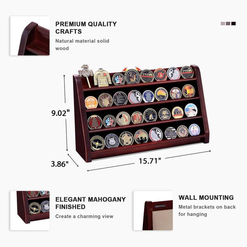 ASmileIndeep 4 Rows Military Wooden Challenge Coin Display Case - Wall Mountable Army Holder Stand Rack, Holds 32 Coins, Mahogany - Image 2